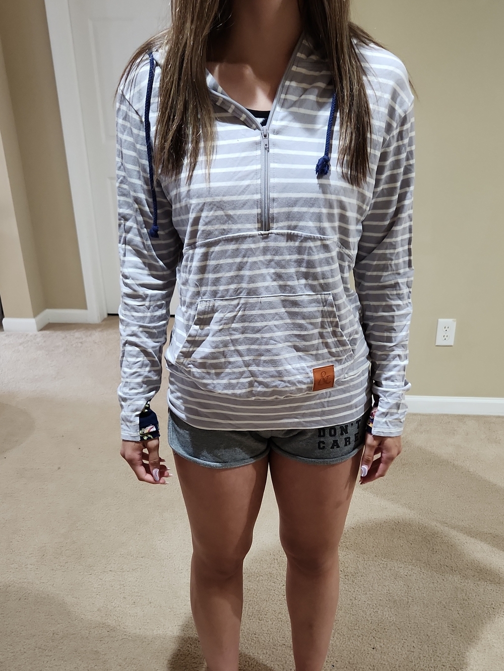 Striped Half-Zip Hoodie Sweater - Gray & White